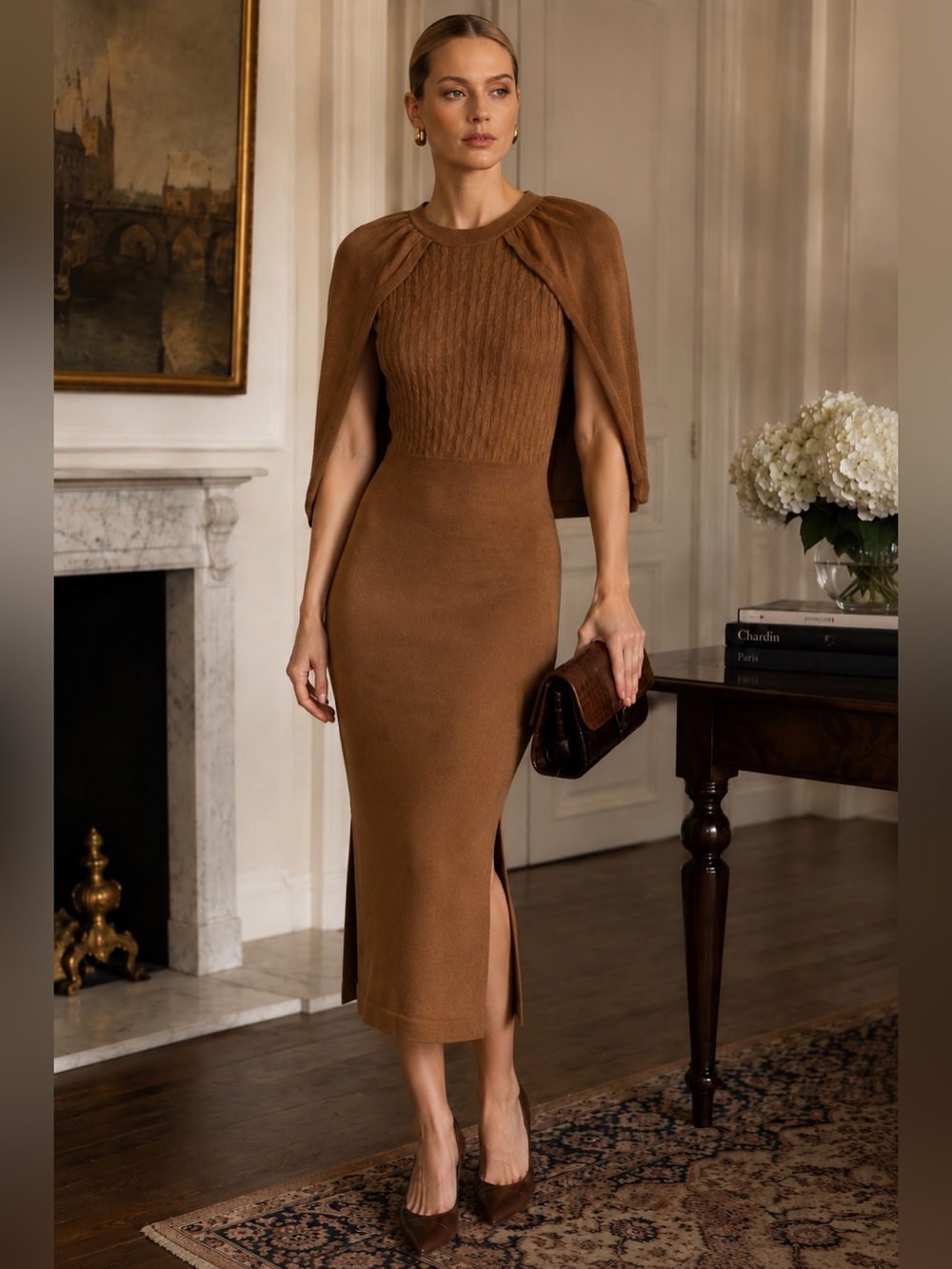 Current Air Camel Cape Sleeve Knit Sweater Dress Small NWOT Old Money Chic Midi